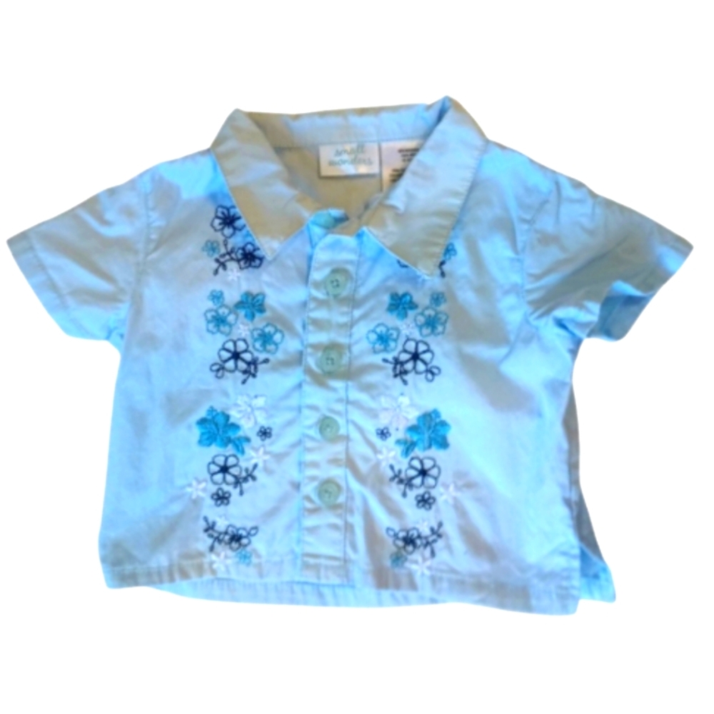 small wonders Blue Floral Embroidered Short Sleeve Button Down Shirt